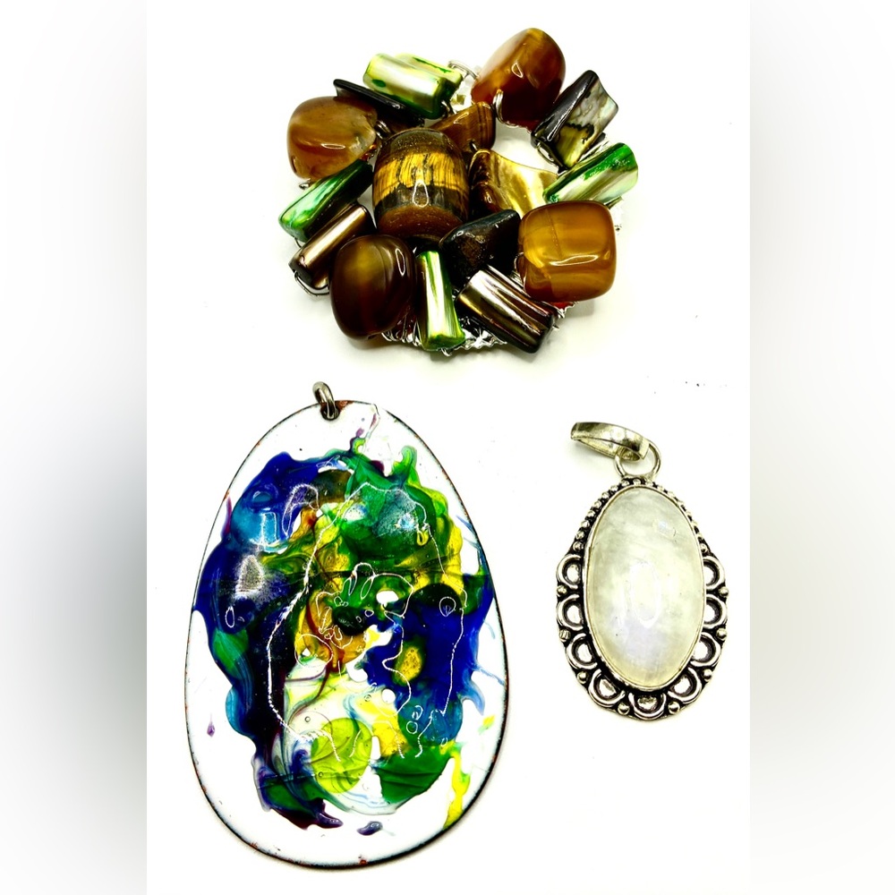3 Vintage Pendants/Amulets Made of Enamel, Milky Quartz, Tigerβs Eye & Abalone